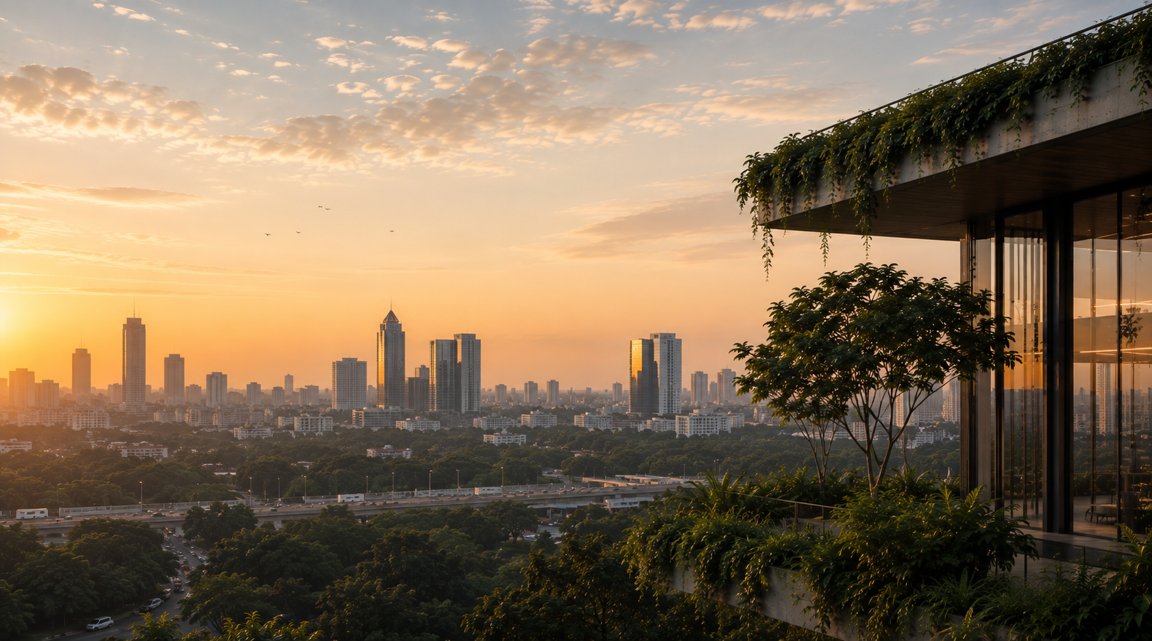 Nature-led architecture overlooking the city at sunset